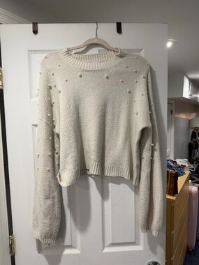 Cream Pearl-Embellished Women's Sweater